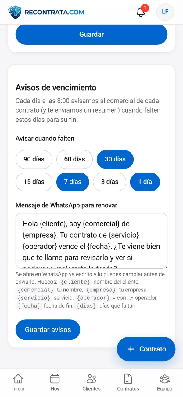 Ajustes de los días de aviso de la empresa