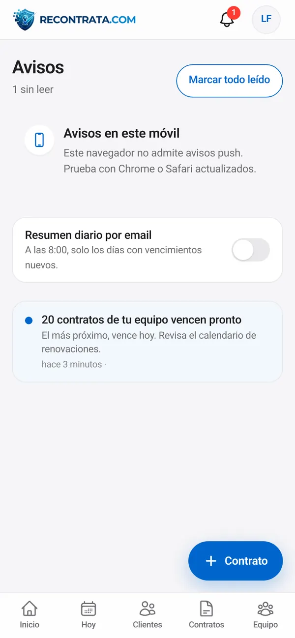 Avisos de contratos que vencen en Recontrata