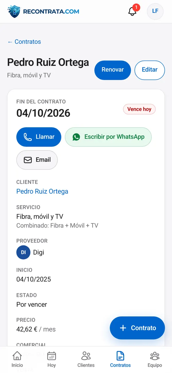 Ficha de un contrato de fibra y móvil con su compañía, precio y fecha de fin
