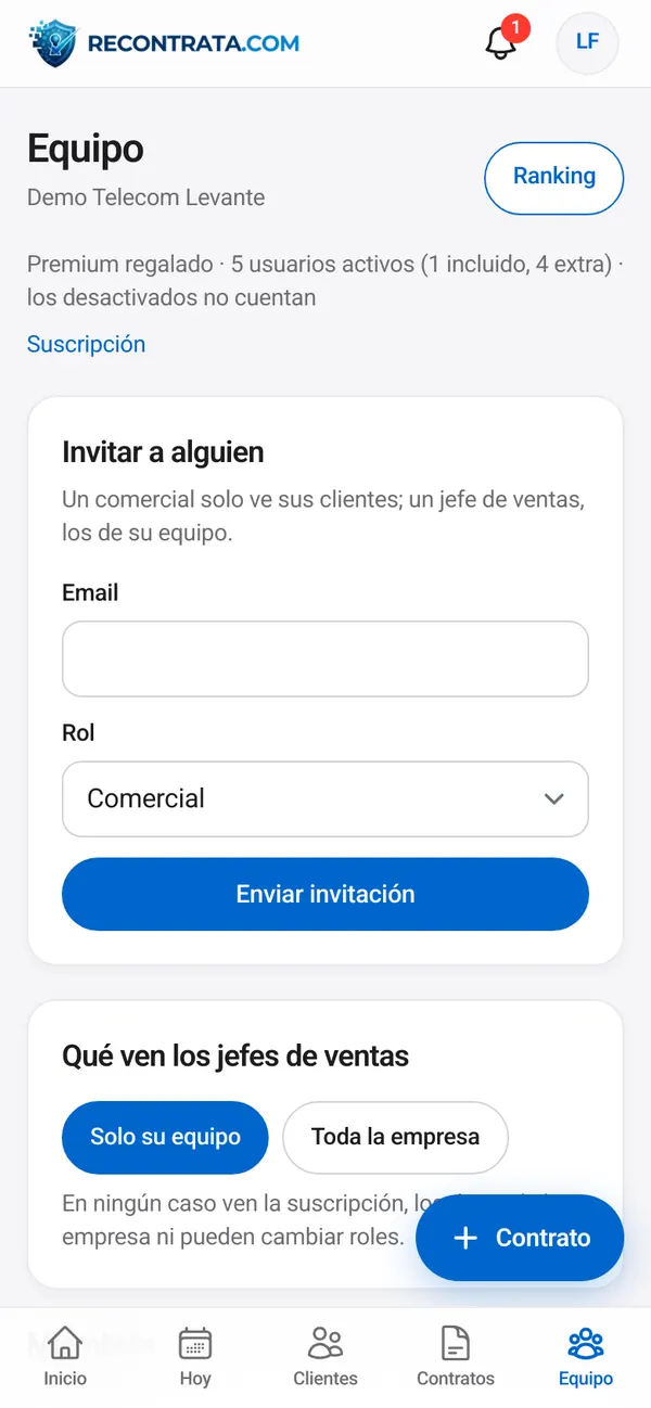 Pantalla de equipo con roles y jefes de ventas
