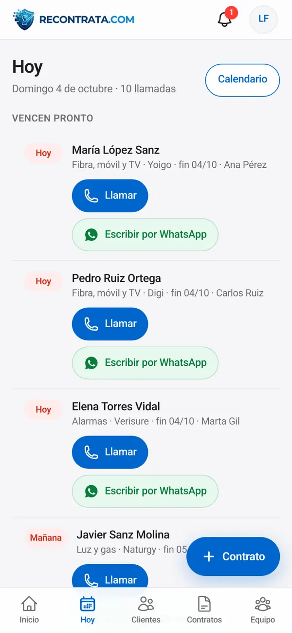 Pantalla «Hoy» de Recontrata con los contratos que vencen pronto y botones de llamar y WhatsApp