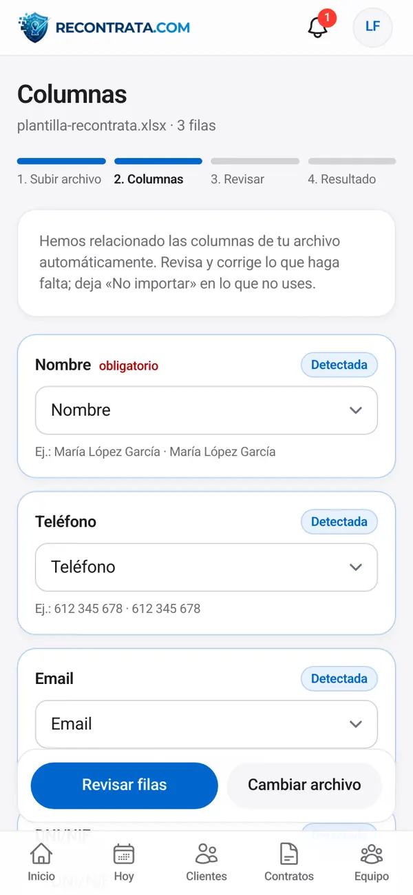 Importar un Excel en Recontrata: asignación de columnas