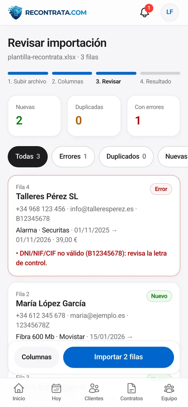 Revisión de la importación antes de guardar